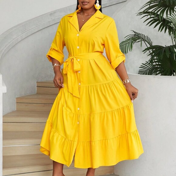 Yellow Casual Women's Plus Size V-Neck Button-Front Long Sleeve Dress - Picture 4 of 6